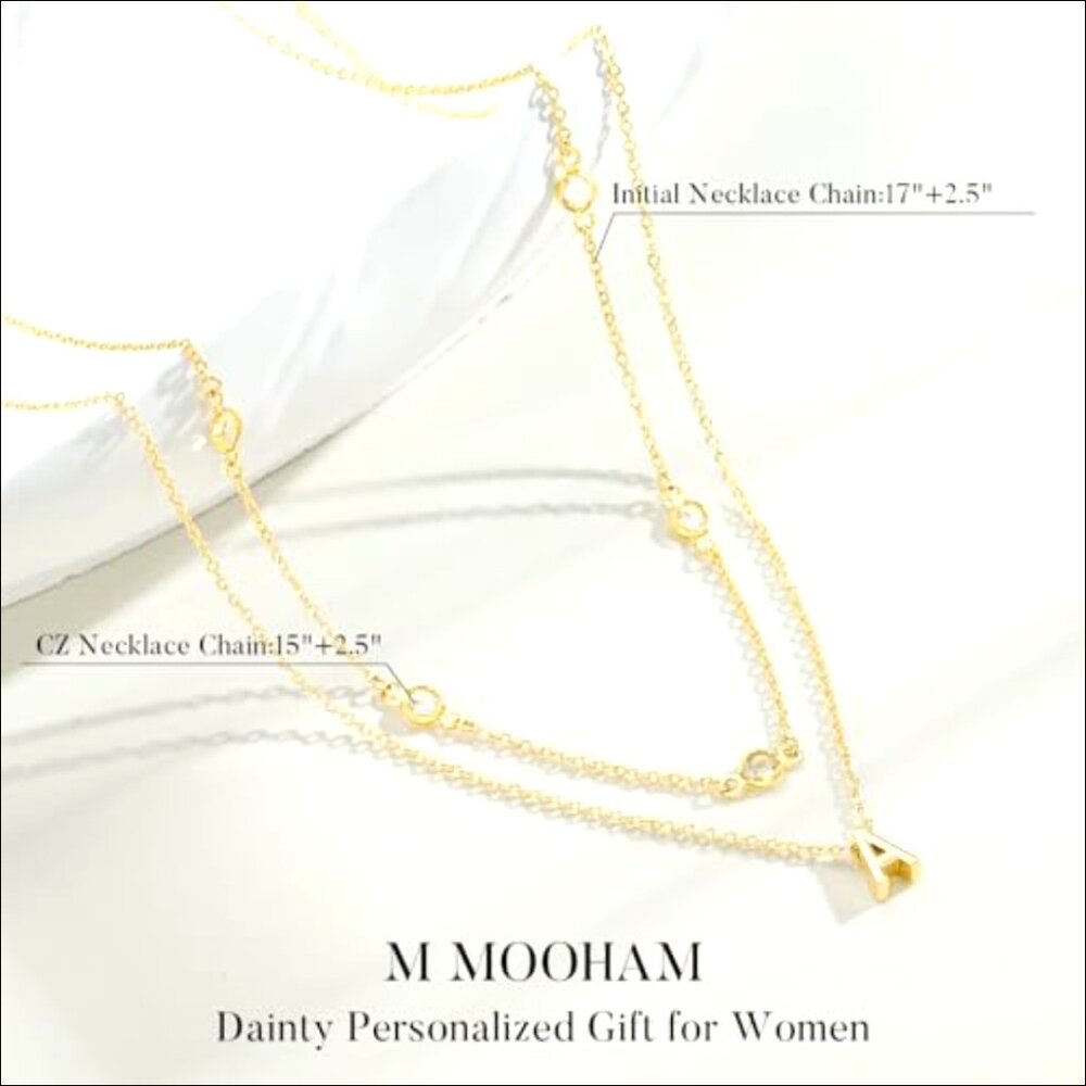 14K Gold-Plated Dainty Layered Initial Necklace with Cubic Zirconia - Picture 7 of 7